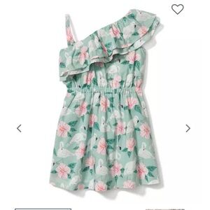 Like New, Janie and Jack Sage Flamingo Hibiscus Cold Shoulder Dress, Size 5